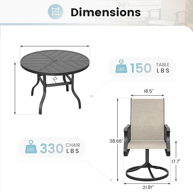 5 Pieces Patio Dining Set, Patio Outdoor Furniture Set of 4 Patio Swivel Dining Chairs and 39" Patio Spliced Round Tabletop with Umbrella Hole, for Deck, Backyard, Poolside & Garden