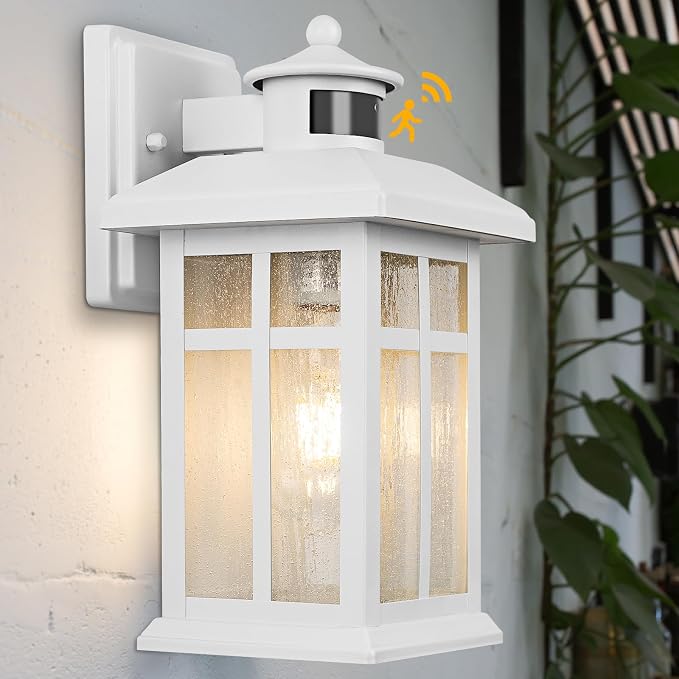 Brilvibera Dawn to Dusk Motion Sensor Exterior Wall Light Fixtures | Exterior Wall Mount with E26 Sockets & Tempered Glass, Waterproof Outdoor & Indoor Lights for House, Porch, Garage, White
