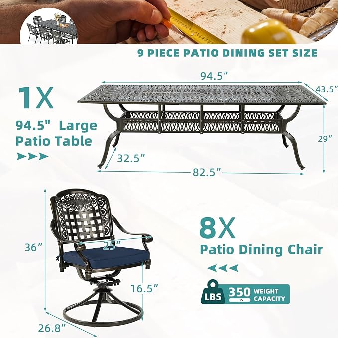 MEETWARM 9-Piece Outdoor Patio Dining Set, All Weather Cast Aluminum Patio Funiture Table and Chairs Set- 94.5” Rectangle Table and 8 Cushioned Swivel Rocker Chairs, Umbrella Hole, Navy Blue