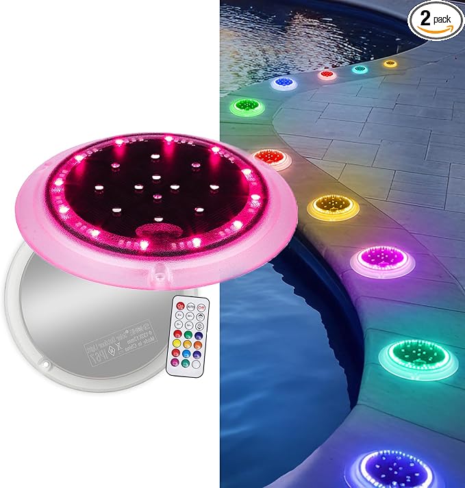 Solar Driveway Lights, 48 LEDs Deck Disc Light, RGB-W, 2Pk | 48 LEDs, Flat Low Profile, Outdoor Waterproof, Car Weight Bearing, Sundeck, Dock, Pool, Path, Sidewalk, 12-Color Changing