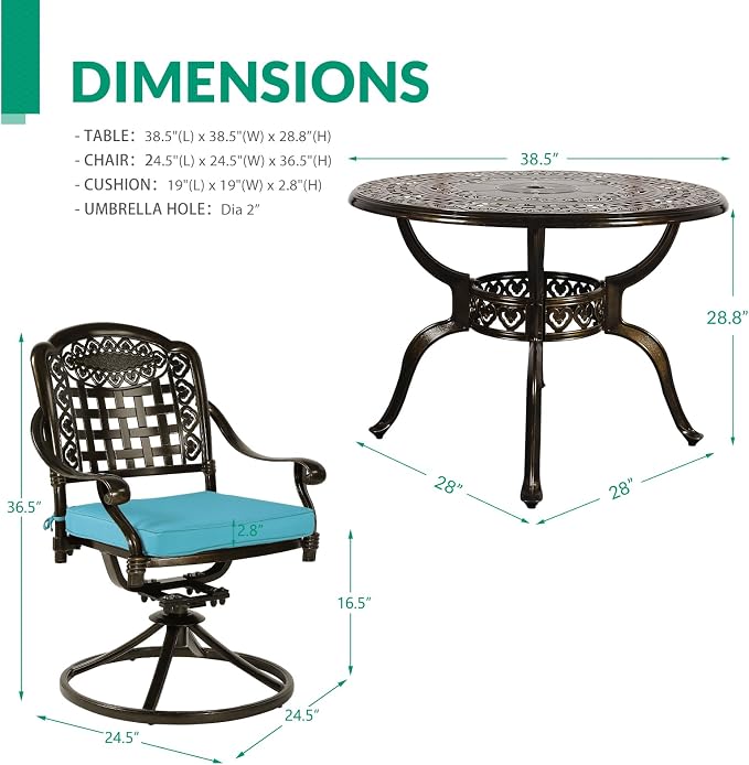 VIVIJASON 5-Piece Outdoor Patio Dining Set, All-Weather Cast Aluminum Conversation Set, Patio Furniture Set for Backyard, Include 4 Swivel Chairs, 38.5" Round Table w/Umbrella Hole, Ocean Blue Cushion