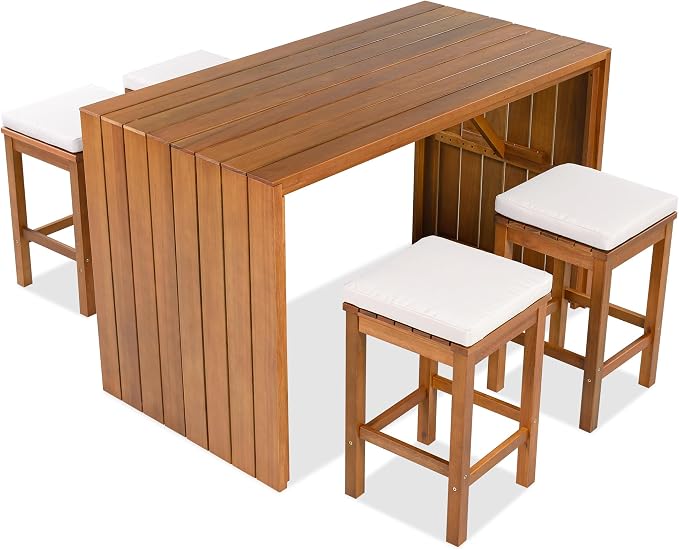 5 Piece Outdoor Bar Set, Patio Acacia Wood Bar Height Table & Four Stools with Cushions, Poolside, Backyard Furniture for Stylish Entertaining
