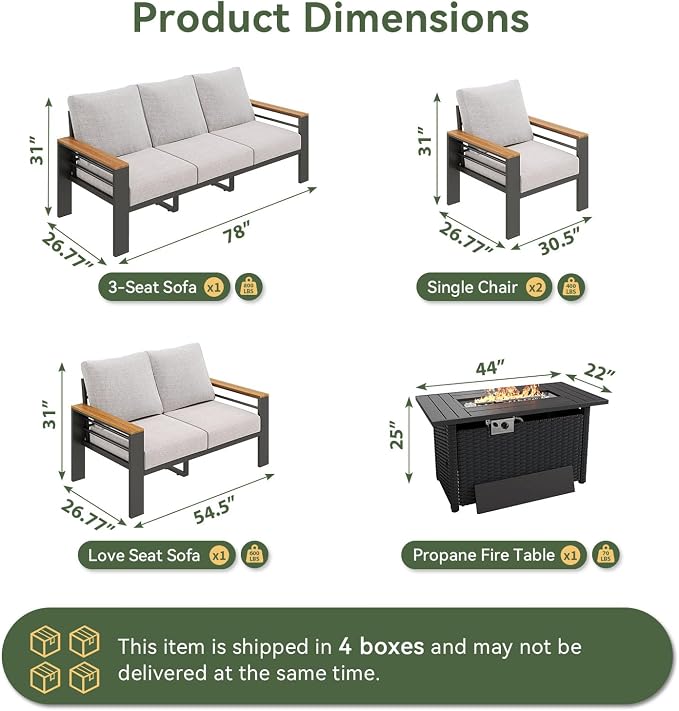 Aoxun Patio Furniture Set, Aluminum Patio Set with Fire Pit Table and 5" Thicken & Washable Cushion, Waterproof Outdoor Furniture, Outdoor Couch Sectional for Backyard (7 Seats/F, Grey)