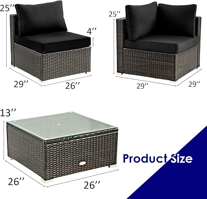 COSTWAY 5-Piece Outdoor Patio Furniture Set, PE Rattan Sofa Chairs with Cushions and Tempered Glass Coffee Table, Conversation Sofa Set for Backyard Garden (Black)