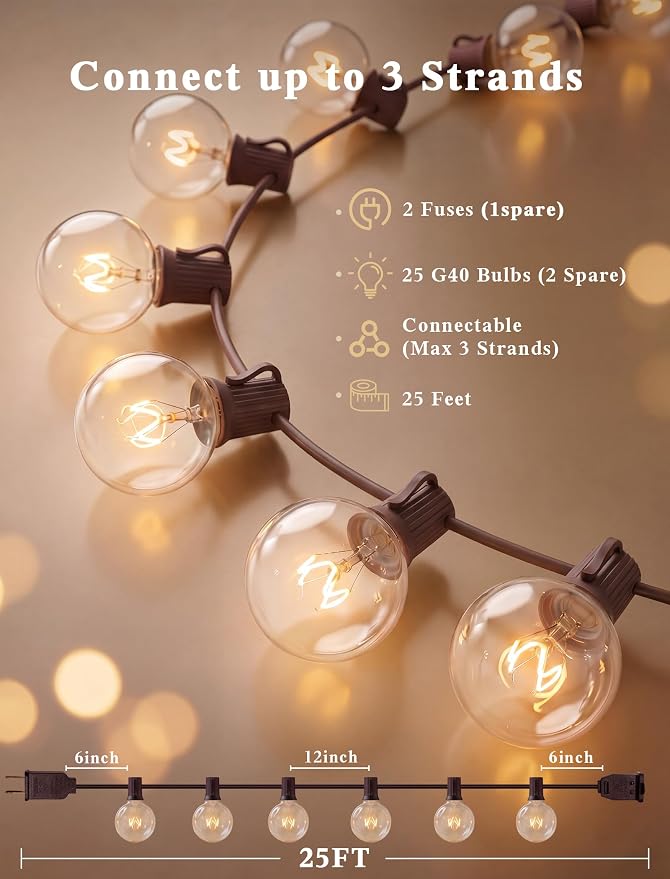 Abeja 25Ft Outdoor Patio String Lights with 27 Clear G40 Bulbs, UL Listed for Porch Bars Deck Wedding Party Markets Decor, 5W, E12 Socket Base, Brown