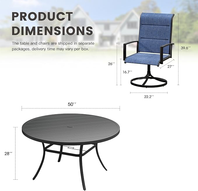 Outdoor Dining Set for 6, 50" Outdoor Dining Table with Umbrella Hole and Padded Textilene Patio Swivel Chairs, 7 Pieces Patio Table and Chairs Set for Garden Backyard, Dark Blue and Black