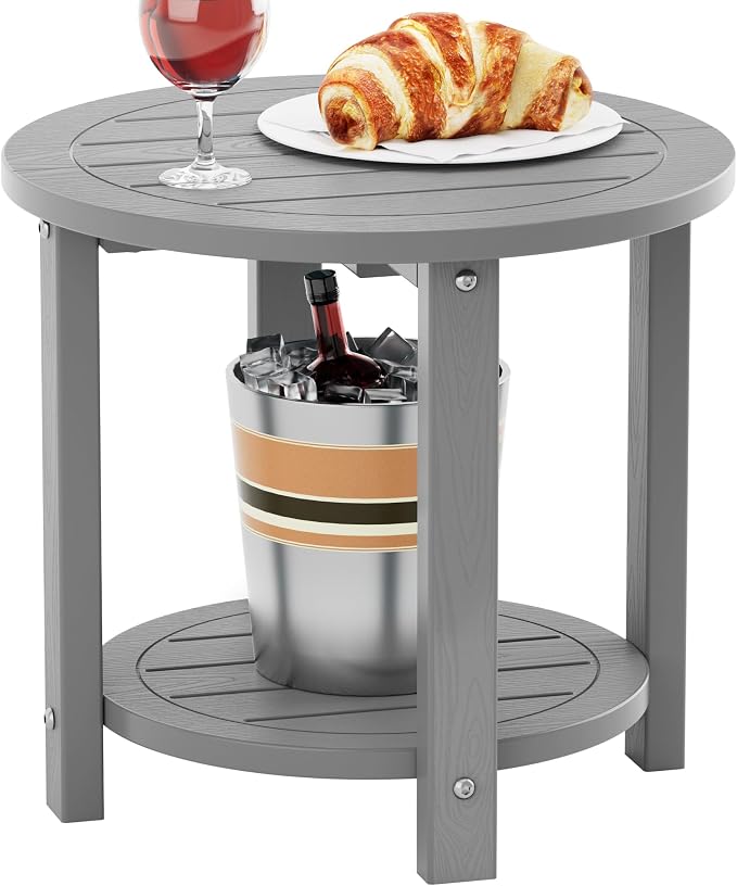 YEFU Outdoor Side Table for Patio: 16in HIPS Small Round Outdoor End Table - 2-Tier Adirondack Tables for Patio Porch Yard Poolside Living Room Beach Bedroom (Grey, 1 Pack)