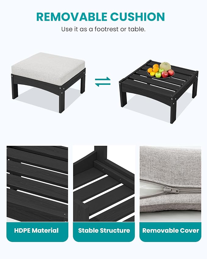 SERWALL HDPE Patio Furniture Set,7 Pieces Patio Conversation Set, All-Weather Modular Patio Sofa Set with Removable Cushions and Coffee Table for Deck, Garden, Porch, Black Frame with Khaki Cushion