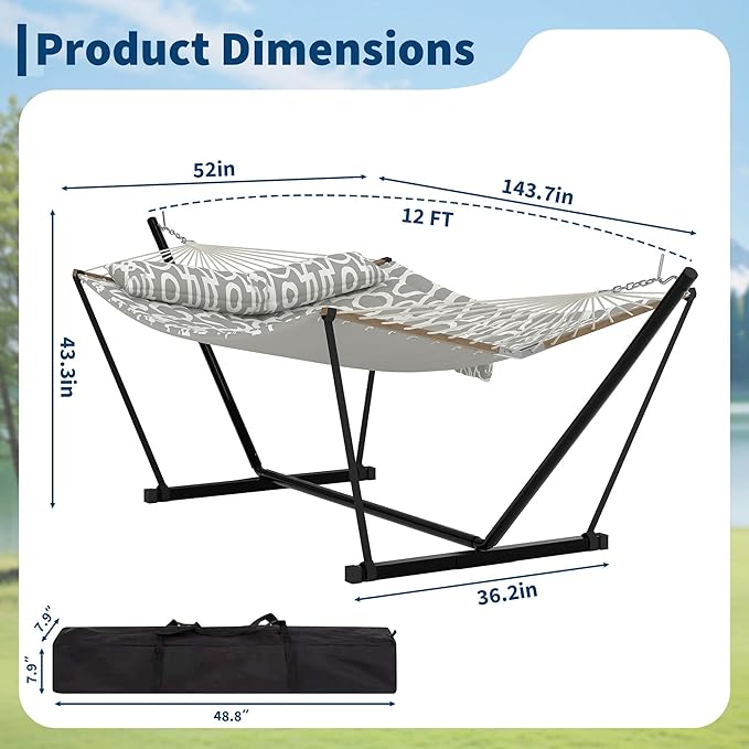 Double Hammocks with Stand for Outside, Heavy Duty Portable Outdoor Hammock with Carrying Bag & Soft Pillow & Paded, 450 LBS Weight Capacity, Perfect for Outdoor Indoor Patio Backyard Garden