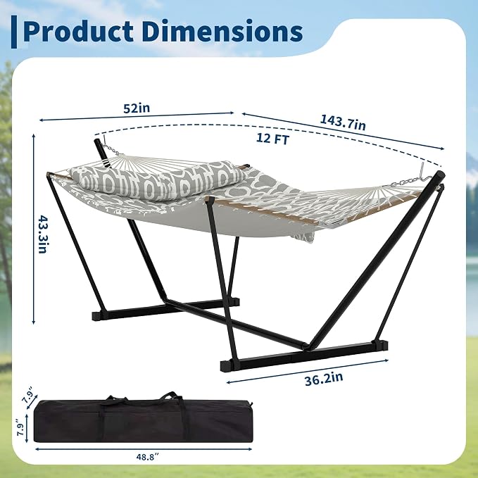 2-Person Double Hammock with Adjustable Steel Stand and Pillow, Durable Portable Outdoor Hammock Set, Supports Up to 450LBS for Patio, Garden, Beach, Backyard