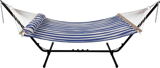 Striped Quilted Two Person Double Hammock with Pillow - 9' x 55" - Blue and Cream