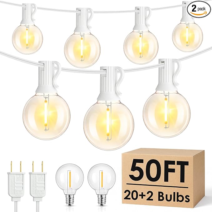 2 Pack 25FT G40 LED Outdoor String Lights with 10+1 Bulbs, White | Waterproof, Shatterproof, Dimmable, Connectable, Energy-saving, Patio Lights Porch Balcony Backyard Party Classroom Decor