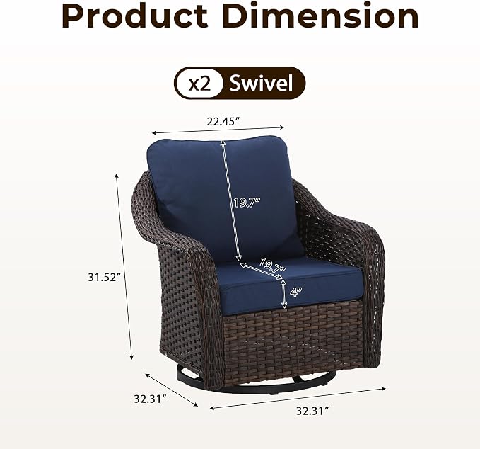 Outdoor Wicker Swivel Chair Set of 2, All-Weather Use Patio Rattan Chair with Seat and Back Cushion, Ideal for Porch, Backyard, Balcony, Poolside, Blue
