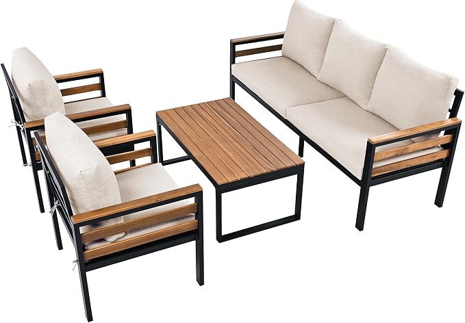 4-Piece Outdoor Furniture Sofa Set for 5 People with Acacia Wood Armrests, Patio Conversation Set with Removable Cushion and Solid Wood Coffee Table for Garden (Beige#46)