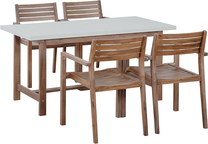 5 Pieces Outdoor Acacia Wood Dining Table Set for 4 with 59" Rectangular Table with Umbrella Hole and 4 Chairs, Modern Patio Dinner Set for Backyard, Garden, Poolside or Indoor, White Natural