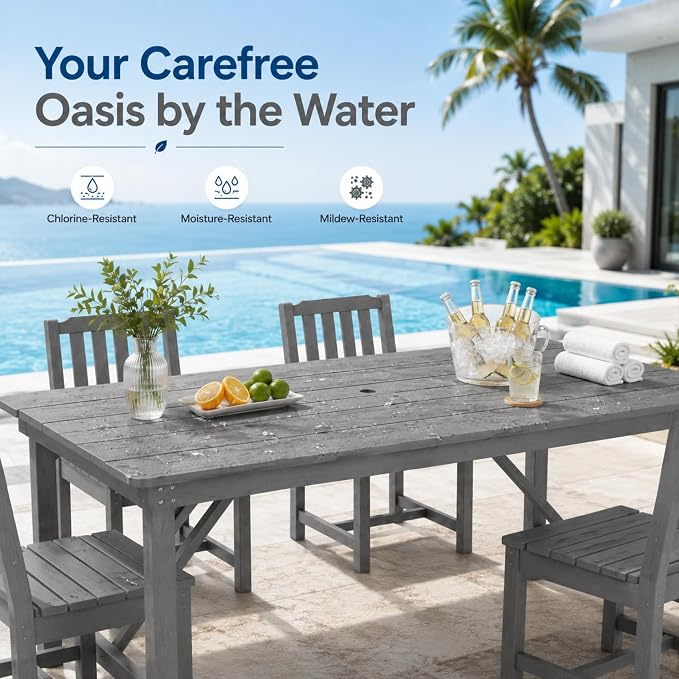 67" Rectangular Outdoor Dining Table, All-Weather HDPE Patio Table for 6-8 Person, Large Composite Wood Furniture with Umbrella Hole for Backyard Deck Garden Poolside, Gray