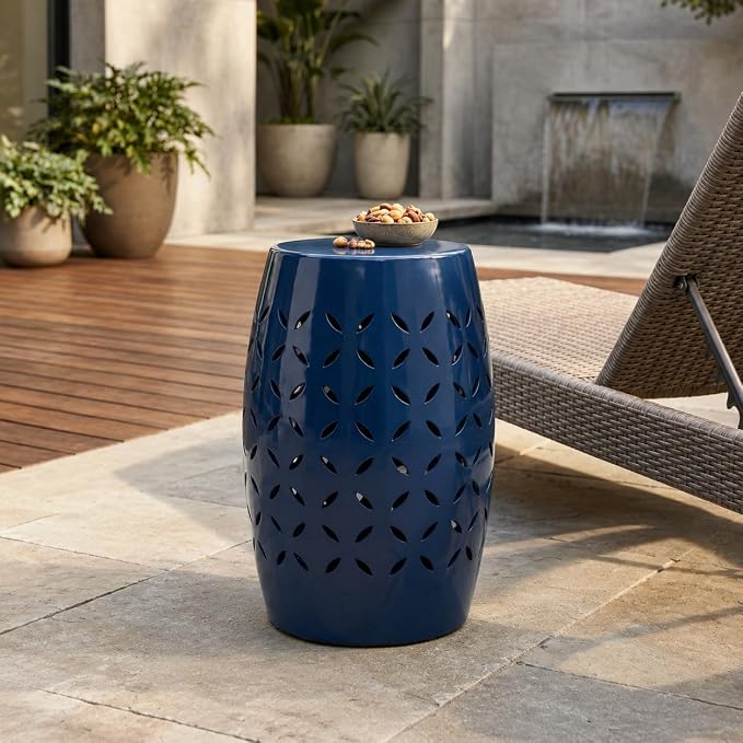 12" Outdoor Side Table, Metal Round Side Table, Multi Functional Decorative Cutout, Coffee Table, Night Stand, Plant Stand for Patio, Garden, Backyard, Gazebo Indoor (Dark Blue)