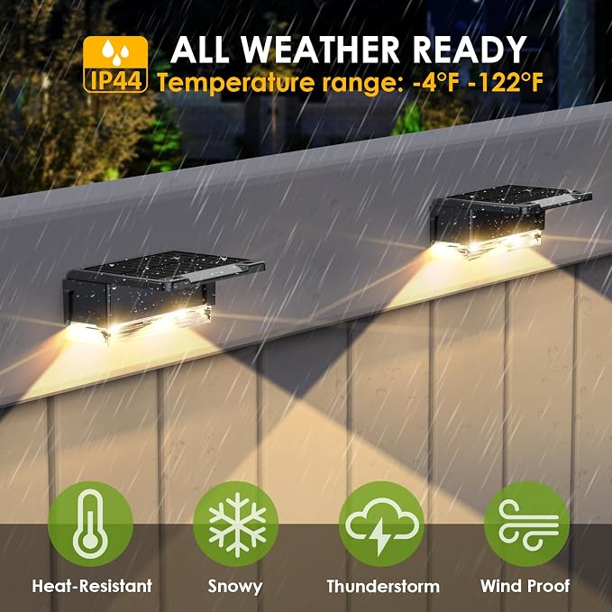 LIANGLOME Solar Fence Lights Outdoor - 3000/4000/6000K 3 Mode, IP65 Waterproof Solar Powered Fence Lights, Dusk to Dawn for Outside, Backyard/Step/Patio/Deck/Stair Railings and Wall (8 Pack)
