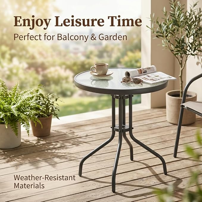 Outdoor Round Glass Small Patio Table, Tempered Glass Top with Rust-Resistant Metal Frame, Small Bistro Coffee Table for Balcony, Garden, Patio