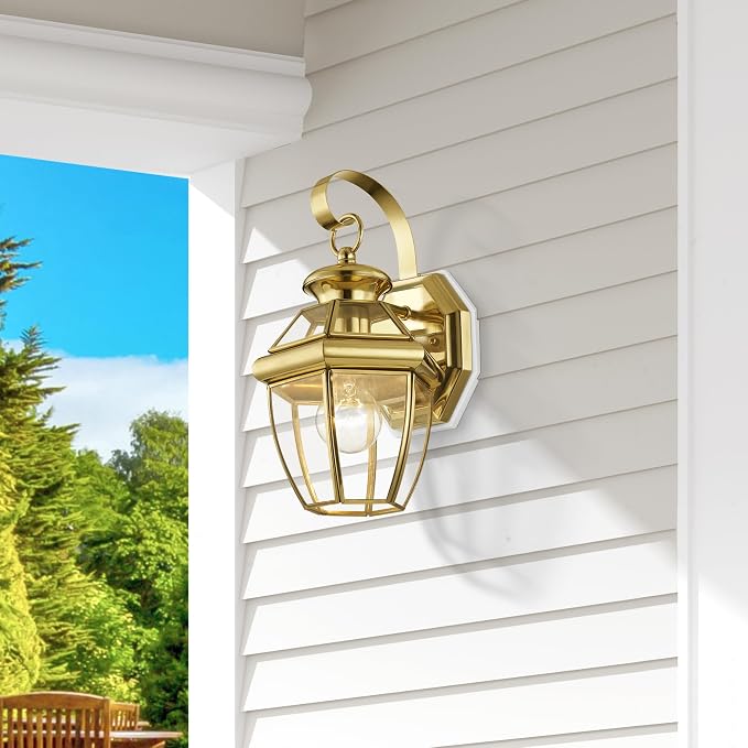 Livex Lighting 2051-02 Monterey 1-Light Wall Lantern, Polished Brass | Clear Beveled Glass; Solid brass construction