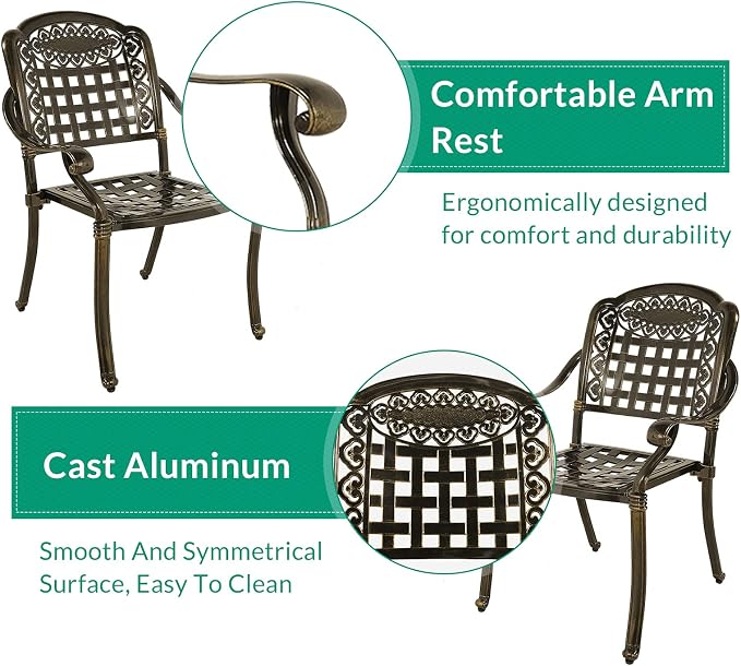 VIVIJASON 3-Piece Outdoor Patio Bistro Set, All-Weather Cast Aluminum Furniture Dining Sets Include 2 Chairs and 31" Round Table w/Umbrella Hole for Balcony, Lawn, Garden, Backyard, Antique Bronze
