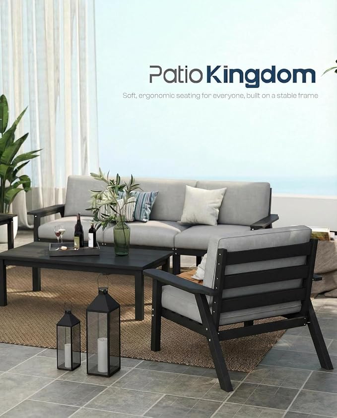 Patio Furniture Set 6 Seats, HDPE Outdoor Sectional with Gray Washable Thick Cushions, Coffee Table, Patio Conversation Sets for Lawn, Garden, Porch, Balcony, Deck (Black Frame)