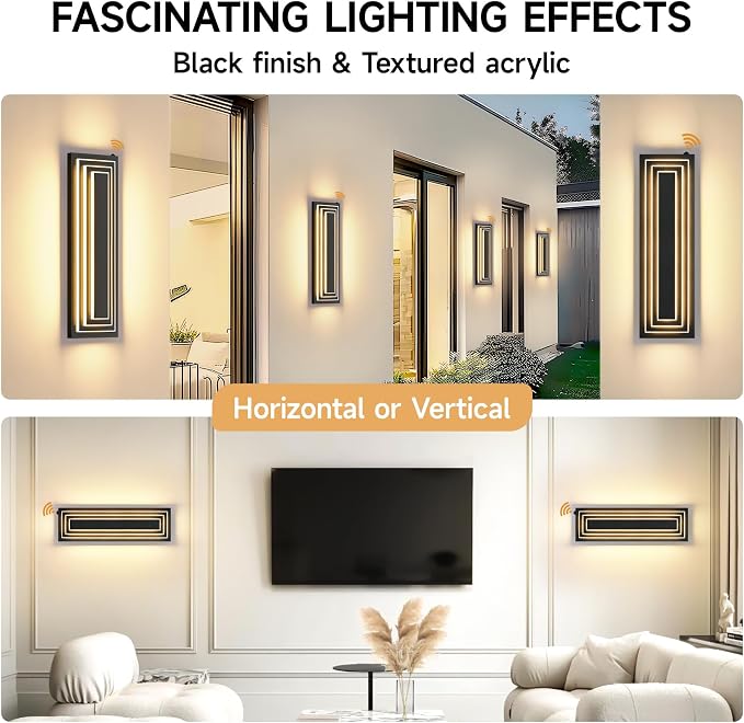 Dusk to Dawn LED Long Outdoor Wall Light Fixtures,23.6 in,36W | 3-Tier Black Modern Outdoor Lighting For House,Front Porch,Waterproof Outside Garage Light,3000K Warm White, 1 Pack