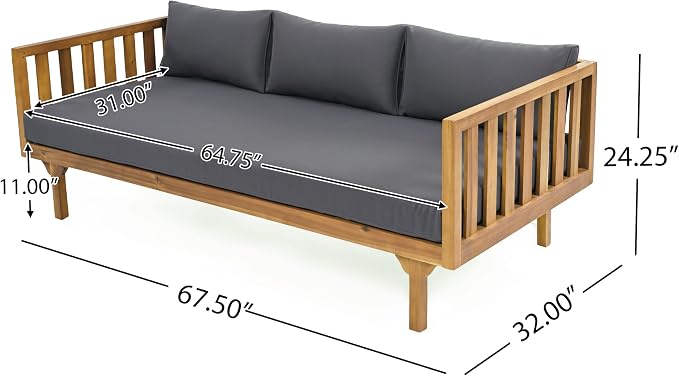 Christopher Knight Home Claremont Patio Sofa and Coffee Table Set, 2 Piece Outdoor Patio Furniture Set with Cushion, Acacia Wood 3 Seater Outdoor Sofa Daybed and Coffee Table Set, Teak+Dark Grey