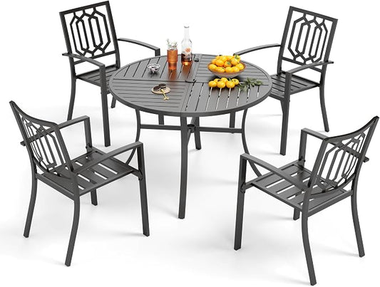 PHI VILLA 5 Pcs Outdoor Dining Set for 4& Round Metal Table | Wrought Iron Circle Table with Umbrella Hole & Stacking Metal Chairs, Modern Furniture Set for Patio, Deck, Backyard, Porch