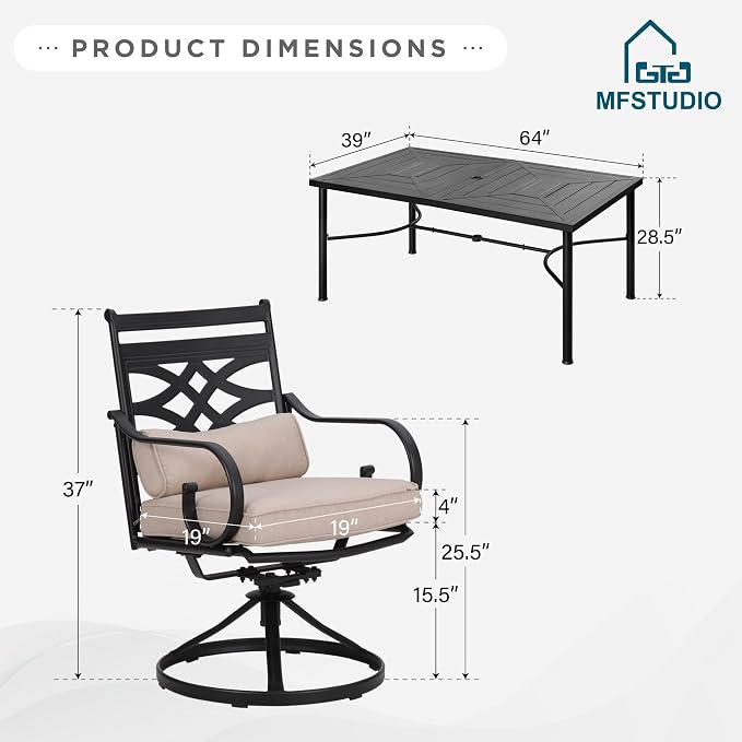 MFSTUDIO 7-Piece Patio Dining Set, 64" Metal Table, Swivel Chairs, Seats 6 | Umbrella Hole