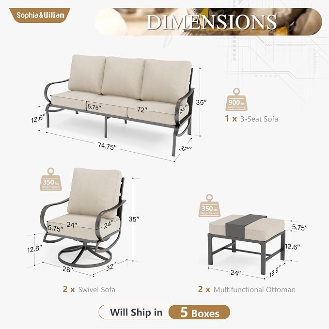 Sophia & William Patio Furniture Sets for 5 Outdoor Metal Conversation Sets 5 Pcs with 2 x Cushioned Swivel Sofa Chairs, 2 x Ottomans as Coffee Table, 1 x 3-Seat Sofa, Lawn Backyard Poolside Beige