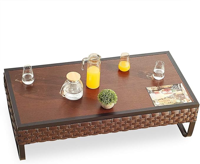 Rectangle Patio Coffee Table Outdoor Wicker Furniture with U Shape Steel Leg for Garden, Porch, Balcony, Deck (47.2" W x 23.6" D x 13.7" H)