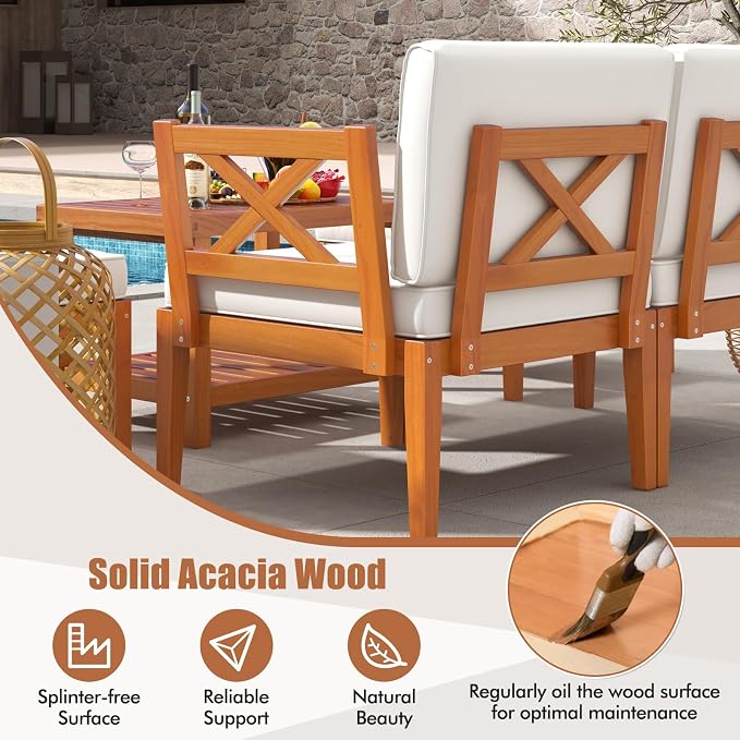 Tangkula 10 Pieces Acacia Wood Patio Furniture Set, Outdoor Sectional Conversation Set with Cushions and 2-Tier Coffee Table, Outdoor Bistro Furniture Set for Garden, Backyard