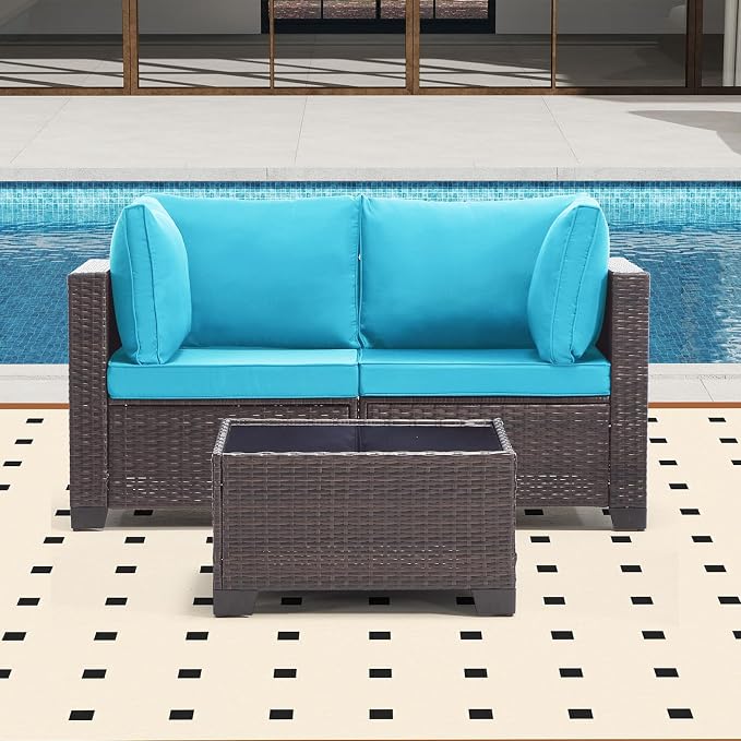Bonzy Home 3 Pieces Outdoor Patio Furniture Set, PE Rattan Outdoor Sectional Furniture Sofa Set with Removable Cover and Glass Coffee Table, Patio Sofa for Balcony, Porch, Garden, (Brown-Turk Blue)