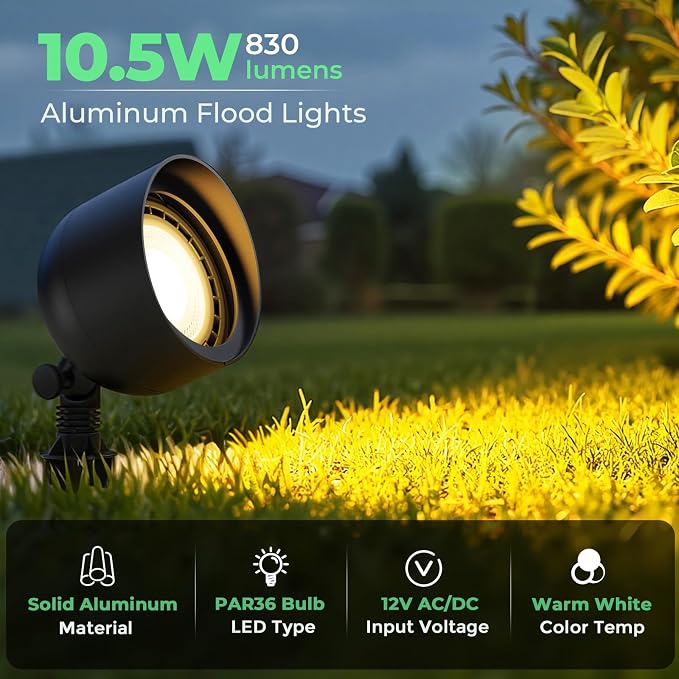 Low Voltage Landscape LED Flood Light, 12V Wide-Angle Outdoor Uplight for Bushes, Tree Canopy, Flagpole and Exterior Wall Washing with 10W 2700K PAR36 Bulb (4 Pack)