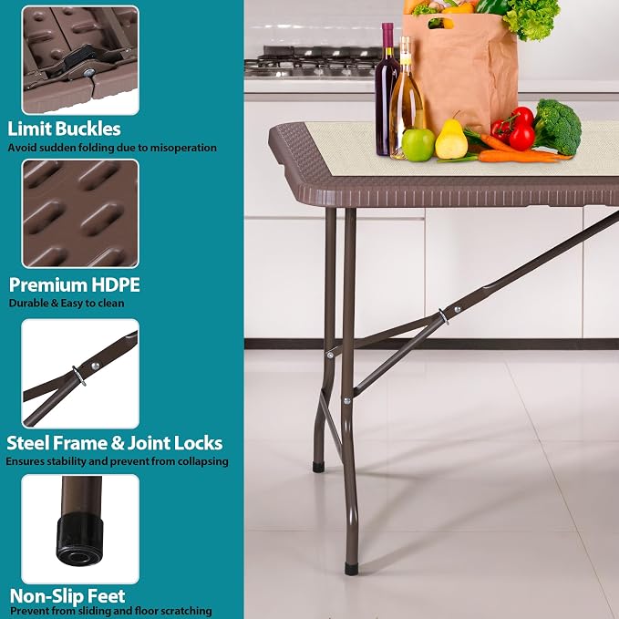 JupiterForce 6ft Plastic Folding Table, Indoor Outdoor Portable Heavy Duty Foldable Camping Table, Fold-in-Half Utility Table Dining Picnic Table for Party Wedding Event, Brown