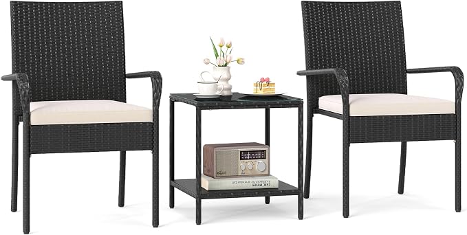 Tangkula 3 Pieces Patio Furniture Set, PE Rattan Outdoor Cushioned Conversation Chairs with 2-Tier Tempered Glass Tabletop Table, for Balcony, Garden and Poolside (Off White)