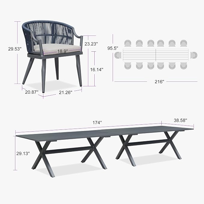 PURPLE LEAF 16 Pieces Outdoor Dining Set All Weather Wicker Patio Dining Set with Rectangular Aluminum Table and Modern Armrest Dining Chairs for Garden Deck Backyard Kitchen, Grey