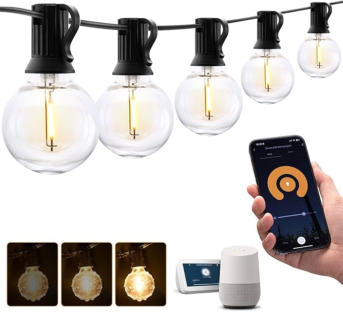XMCOSY+ Patio Lights, Smart 50Ft Outdoor String Lights with 25 G40 Bulbs | Dimmable LED globe bulbs, APP control, works with Alexa, IP65 waterproof, connectable design for outdoor patio decor