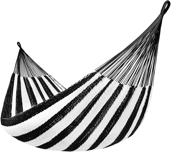 Lazy Daze Hammocks Handwoven XL Mayan Hammock, 10.5 FT Soft Rope Double Hammocks, Portable Outdoor Hammock with Carry Bag, 2 Straps & Carabiners for Patio Outside, 550 lbs Weight Capacity, Black/White