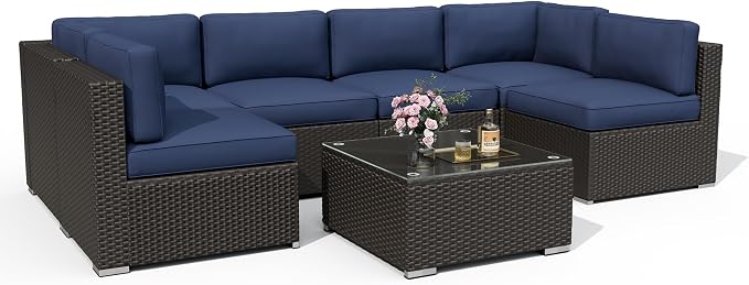 7 Pieces Outdoor Patio Furniture Set, Black Brown Wicker Patio Sectional Sofa Set, Outdoor Couch with Cushion and Tempered Glass Table, Dark Blue