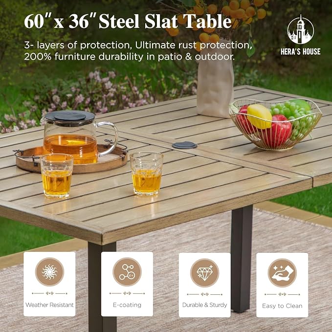 HERA'S HOUSE 7pc Patio Dining Set, Outdoor Wood-Like Metal Table & 6 Chairs | Brown textilene chairs + 60" rectangle table with umbrella hole. Waterproof, rust-resistant, all-weather for deck, garden