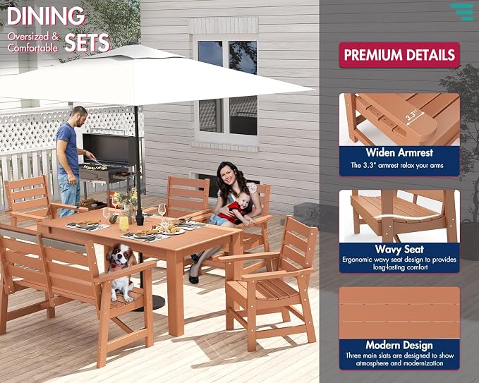 BRIOPAWS Outdoor-Dining-Table-Set | 4 Piece | HDPE | 1 Bench and 2 Chairs Sets for 4 | Patio Dinner Furniture | All Weather | Umbrella Hole | for Poolside Deck Backyard Outdoors | Teak