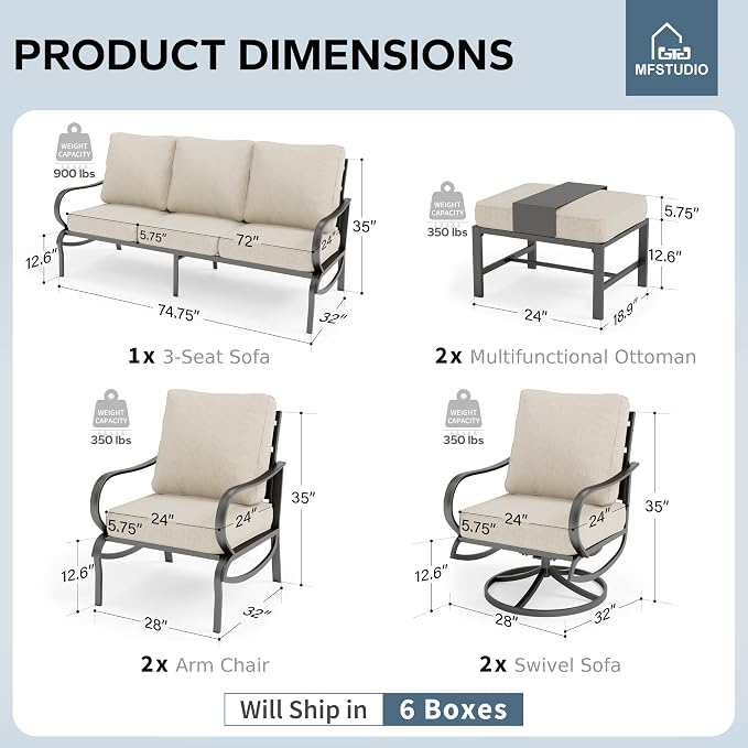 MFSTUDIO 7 Pieces Metal Patio Furniture Sets, 2 Swivel Chairs, 3-Seat Deep Seating Sofa, 2 Single Couch and 2 Ottoman, All Weather 9 Seats Outdoor Conversation Set for Garden Backyard，Beige Cushion