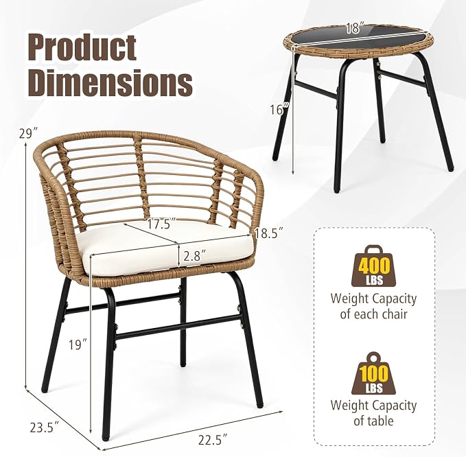Tangkula 3 Pieces Patio Furniture Set, PE Rattan Bistro Chairs with Tempered Glass Coffee Table and Soft Cushions, Outdoor Wicker Conversation Set for Porch, Balcony, Garden and Poolside (Off White)