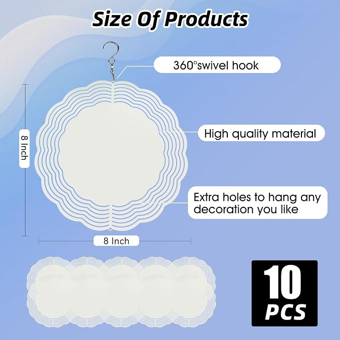 CHONOVO 10 Pack 8 Inch Sublimation Wind Spinner Blank | Double-Sided Sublimation, 3D Aluminum Metal, Easy Heat Transfer, Includes Hooks for Hanging Yard, Garden & Porch Decoration