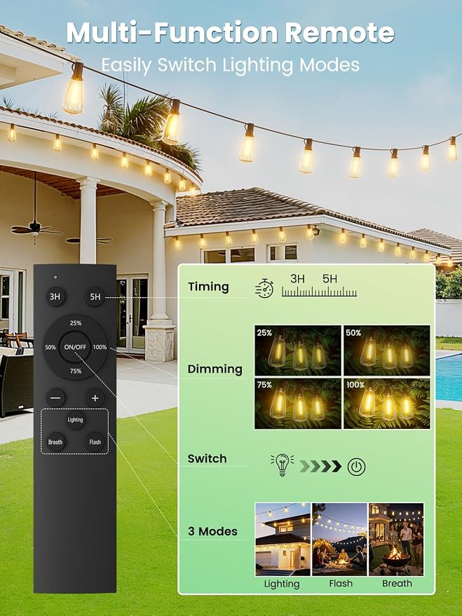 Svater 100 FT Solar Outdoor String Lights with Remote, ST38 Patio Lights Shatterproof Dimmable Vintage Edison Bulbs - Solar Powered Weatherproof Light for Patio, Backyard, Garden, Bistro