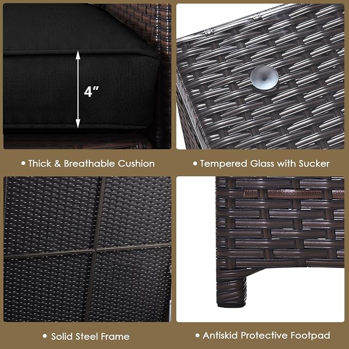 HAPPYGRILL 4 Pieces PE Rattan Wicker Conversation Set Outdoor Patio Furniture Sofa Set with Storage Box and Tempered Glass Coffee Table for Backyard Garden Porch