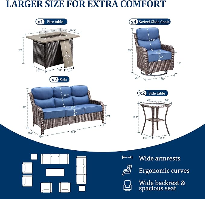 Luxury Swivel Rocker Chairs Fire Pit Set with 6" Thick Cushion 9 piece Wicker Outdoor Patio Chair with Sofa and Side Table,Comfortable High Back Outdoor Patio Furniture Set - Brown | Blue