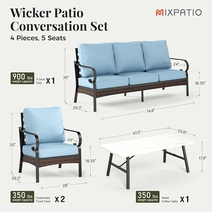 MIXPATIO Patio Furniture Set with Coffee Table, Outdoor Conversation Set with 2 x Fixed Chairs, 1 x 3-Seat Sofa for Lawn Garden Backyard, Blue